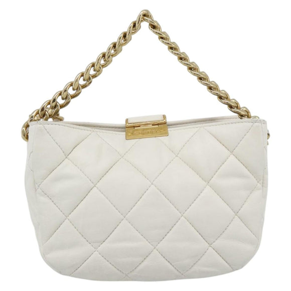 CHANEL Matelasse Chain Shoulder Bag Lamb Skin 2way White Gold CC Auth 193428SAM