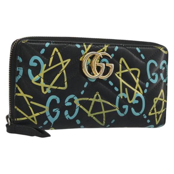 GUCCI GG Marmont Ghost Long Wallet Leather Black Gold 448087 Auth 193436A