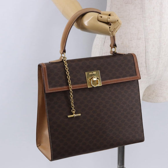 CELINE Macadam Canvas Hand Bag PVC Leather Brown Gold Auth 193508A