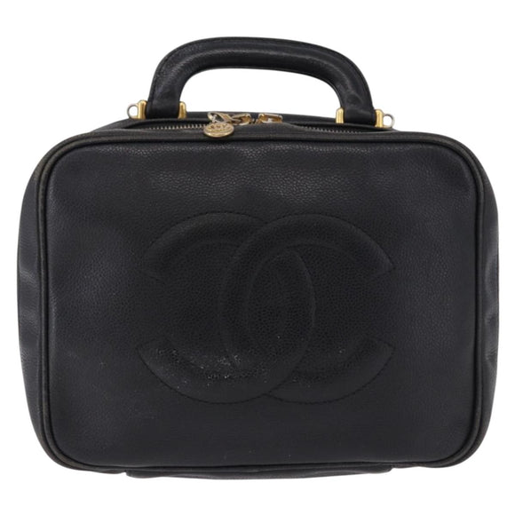 CHANEL COCO Mark Vanity Hand Bag Caviar Skin Black Gold CC Auth 193527
