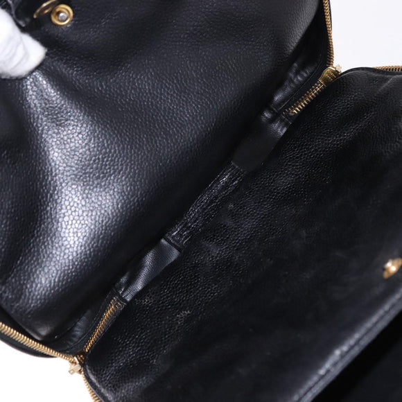 CHANEL COCO Mark Vanity Hand Bag Caviar Skin Black Gold CC Auth 193527