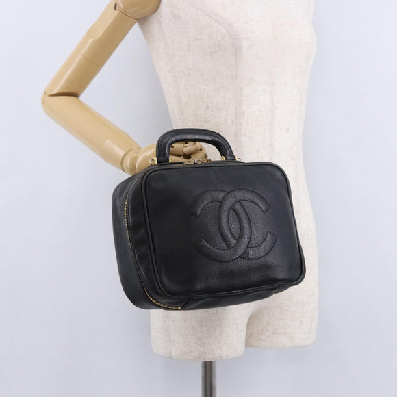 CHANEL COCO Mark Vanity Hand Bag Caviar Skin Black Gold CC Auth 193527