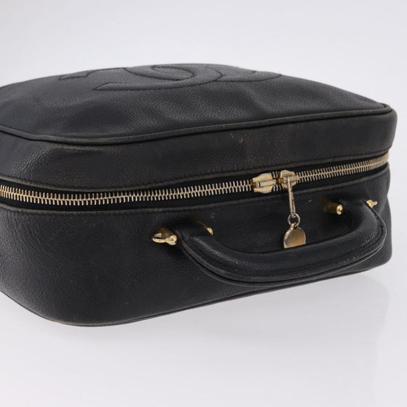 CHANEL COCO Mark Vanity Hand Bag Caviar Skin Black Gold CC Auth 193527