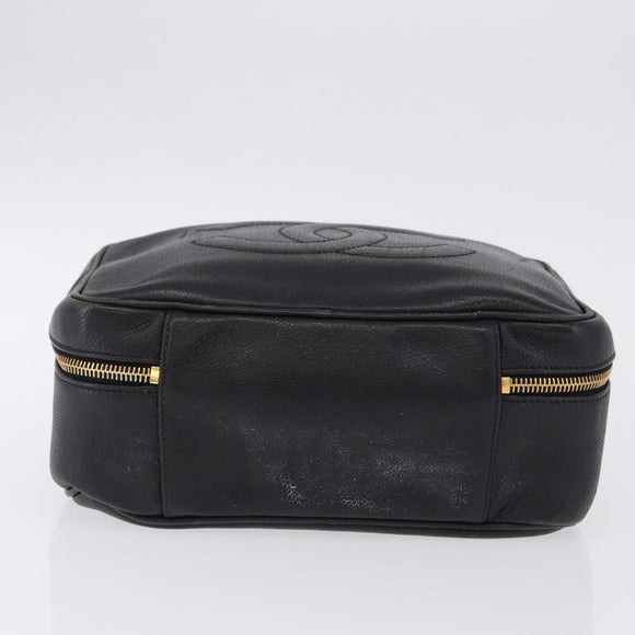 CHANEL COCO Mark Vanity Hand Bag Caviar Skin Black Gold CC Auth 193527