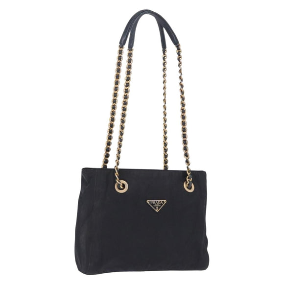 PRADA Chain Shoulder Tote Bag Nylon Black Gold Auth 193554