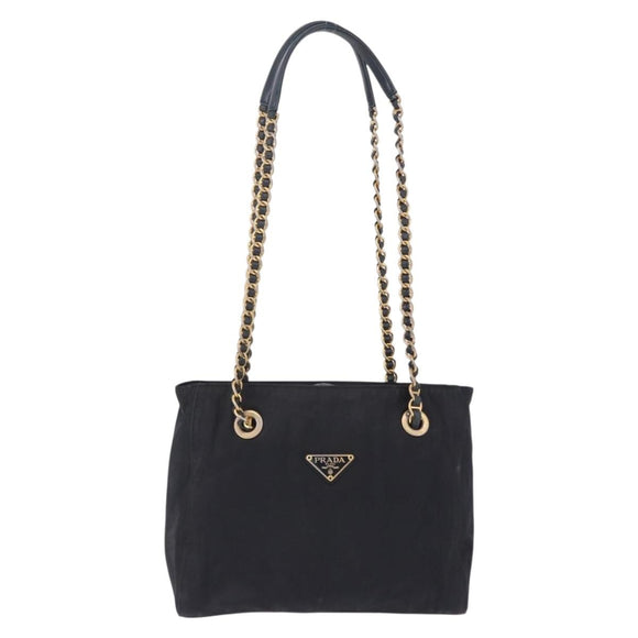 PRADA Chain Shoulder Tote Bag Nylon Black Gold Auth 193554