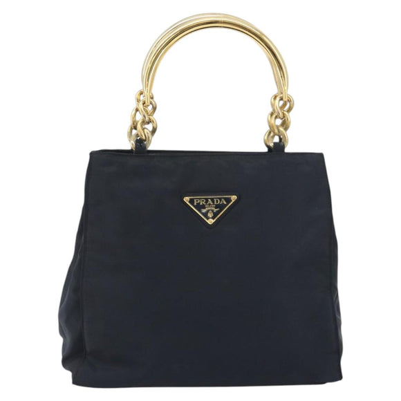 PRADA Chain Hand Bag Nylon Navy Gold Auth 193568A