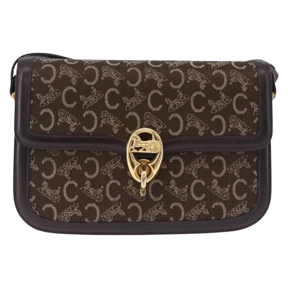 CELINE C Sulky Horse Carriage Shoulder Bag Canvas Brown Gold Auth 193569A