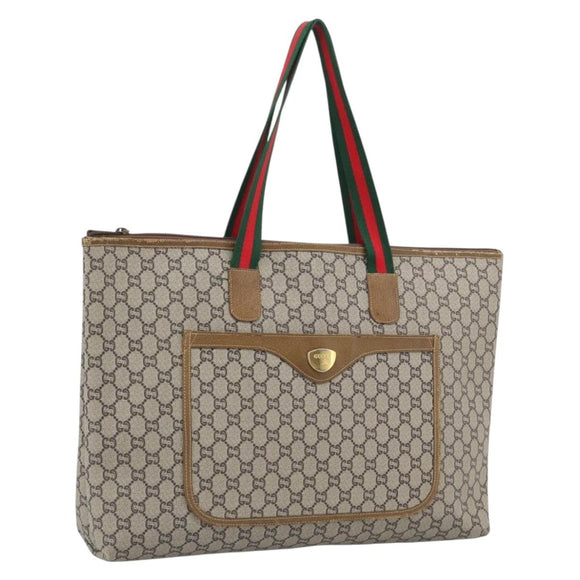 GUCCI GG Plus Supreme Web Sherry Line Tote Bag PVC Beige Gold Auth 193573