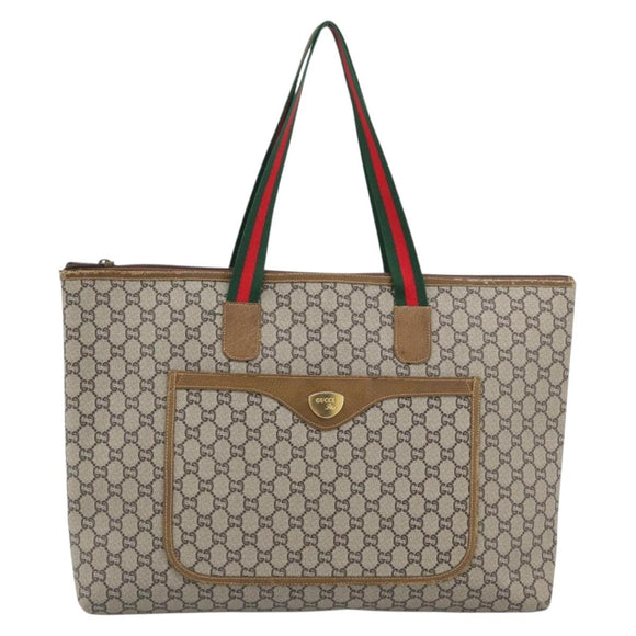 GUCCI GG Plus Supreme Web Sherry Line Tote Bag PVC Beige Gold Auth 193573