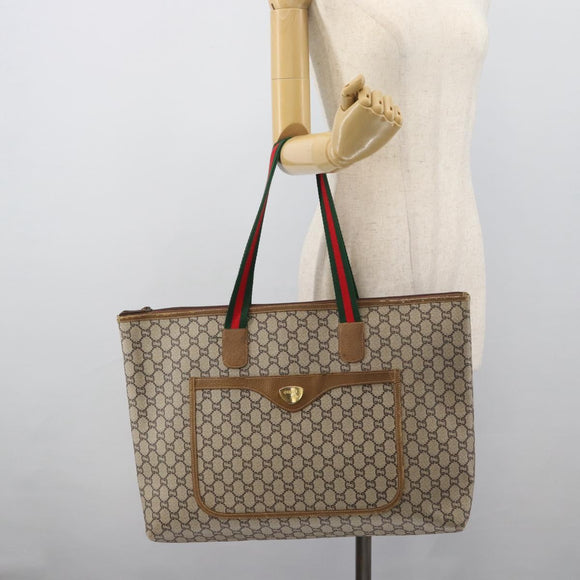 GUCCI GG Plus Supreme Web Sherry Line Tote Bag PVC Beige Gold Auth 193573