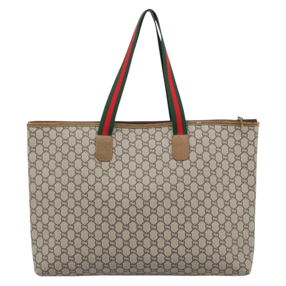 GUCCI GG Plus Supreme Web Sherry Line Tote Bag PVC Beige Gold Auth 193573