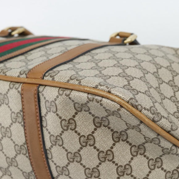 GUCCI GG Supreme Web Sherry Line Boston Bag PVC Beige Gold Auth 193576A