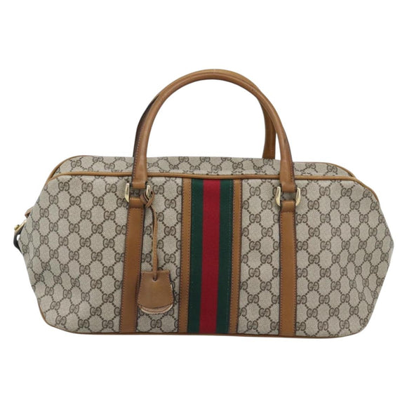 GUCCI GG Supreme Web Sherry Line Boston Bag PVC Beige Gold Auth 193576A