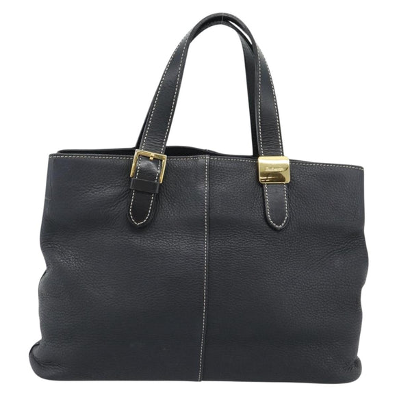 Burberrys Hand Bag Leather Black Gold Auth 193582A