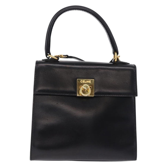 CELINE Hand Bag Leather 2way Black Gold Auth 193583A