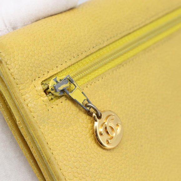 CHANEL COCO Mark Long Wallet Caviar Skin Yellow Gold CC Auth 193588
