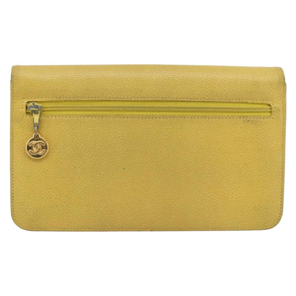 CHANEL COCO Mark Long Wallet Caviar Skin Yellow Gold CC Auth 193588