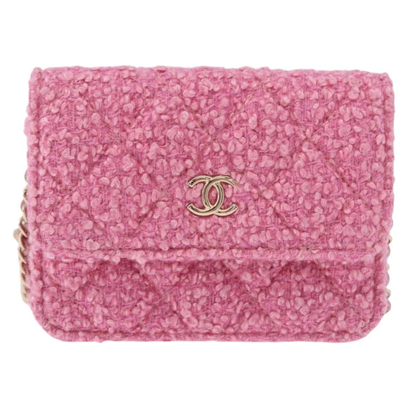 CHANEL Matelasse Chain Shoulder Pouch Tweed Pink Gold CC Auth 193594SAM