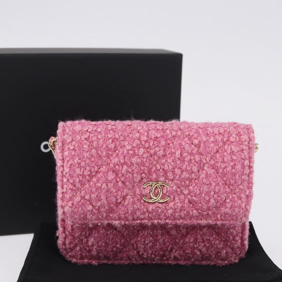 CHANEL Matelasse Chain Shoulder Pouch Tweed Pink Gold CC Auth 193594SAM