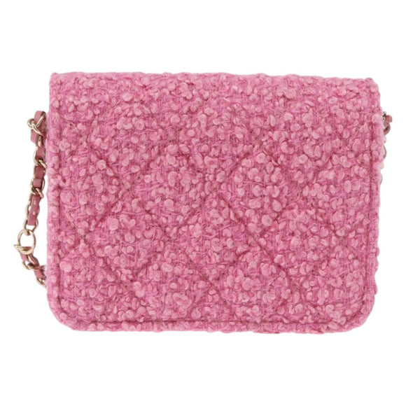 CHANEL Matelasse Chain Shoulder Pouch Tweed Pink Gold CC Auth 193594SAM