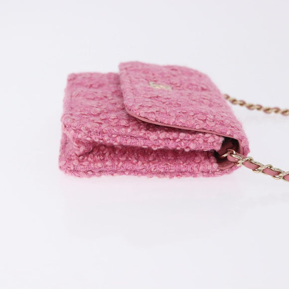 CHANEL Matelasse Chain Shoulder Pouch Tweed Pink Gold CC Auth 193594SAM