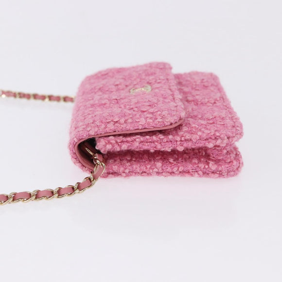 CHANEL Matelasse Chain Shoulder Pouch Tweed Pink Gold CC Auth 193594SAM