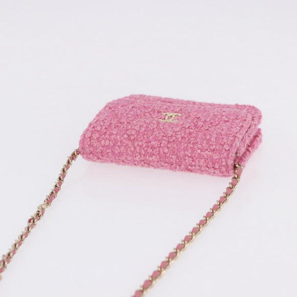 CHANEL Matelasse Chain Shoulder Pouch Tweed Pink Gold CC Auth 193594SAM