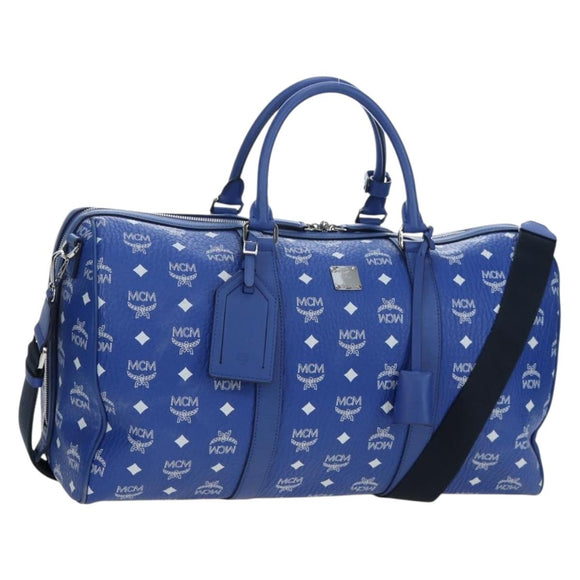 MCM Logogram Vicetos Mini Boston Bag Leather 2way Blue Silver Auth 193751V