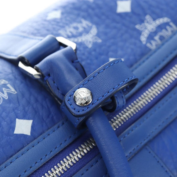 MCM Logogram Vicetos Mini Boston Bag Leather 2way Blue Silver Auth 193751V