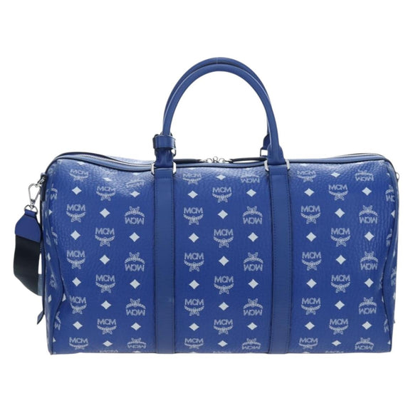 MCM Logogram Vicetos Mini Boston Bag Leather 2way Blue Silver Auth 193751V
