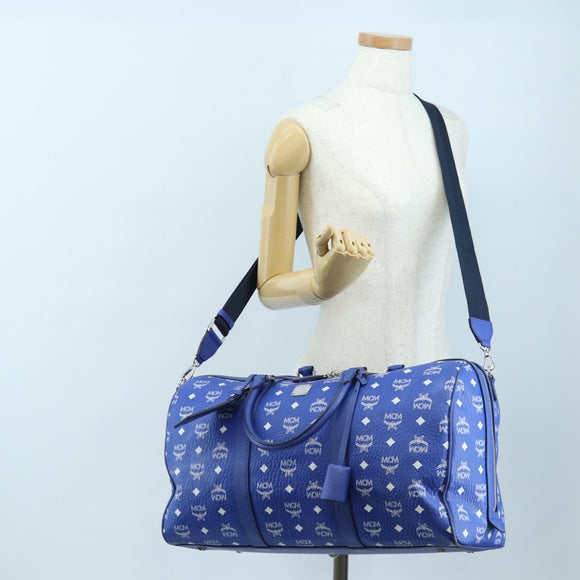 MCM Logogram Vicetos Mini Boston Bag Leather 2way Blue Silver Auth 193751V