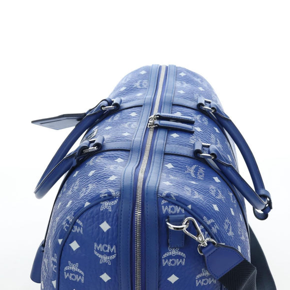 MCM Logogram Vicetos Mini Boston Bag Leather 2way Blue Silver Auth 193751V
