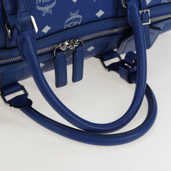 MCM Logogram Vicetos Mini Boston Bag Leather 2way Blue Silver Auth 193751V