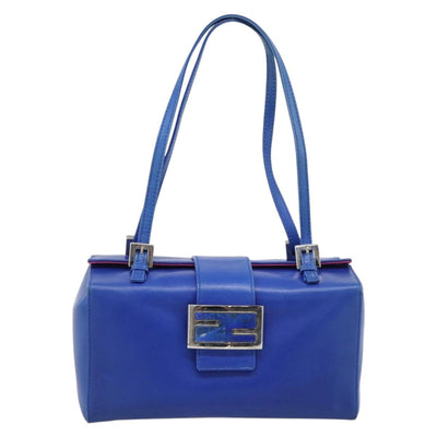 FENDI Mamma Baguette Shoulder Bag Leather Blue Silver Auth 193754V - 0
