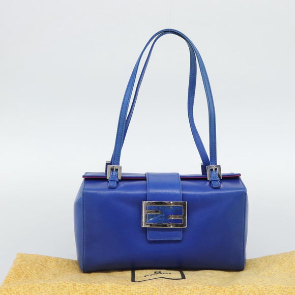 FENDI Mamma Baguette Shoulder Bag Leather Blue Silver Auth 193754V