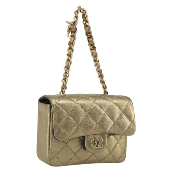 CHANEL Mini Mini Matelasse 10 Chain Hand Pouch Lamb Skin Gold CC Auth 193763A