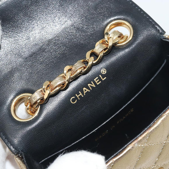 CHANEL Mini Mini Matelasse 10 Chain Hand Pouch Lamb Skin Gold CC Auth 193763A