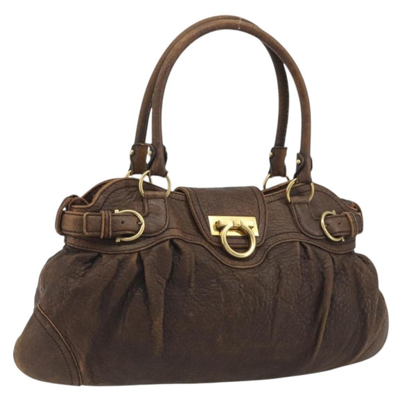 Salvatore Ferragamo Gancini Hand Bag Leather Brown Gold Auth 193788