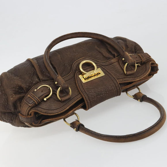 Salvatore Ferragamo Gancini Hand Bag Leather Brown Gold Auth 193788