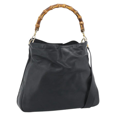GUCCI Bamboo Hand Bag Leather 2way Black Gold 001 1638 1577 Auth 193791