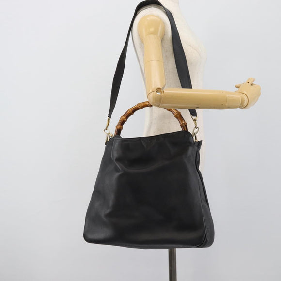 GUCCI Bamboo Hand Bag Leather 2way Black Gold 001 1638 1577 Auth 193791