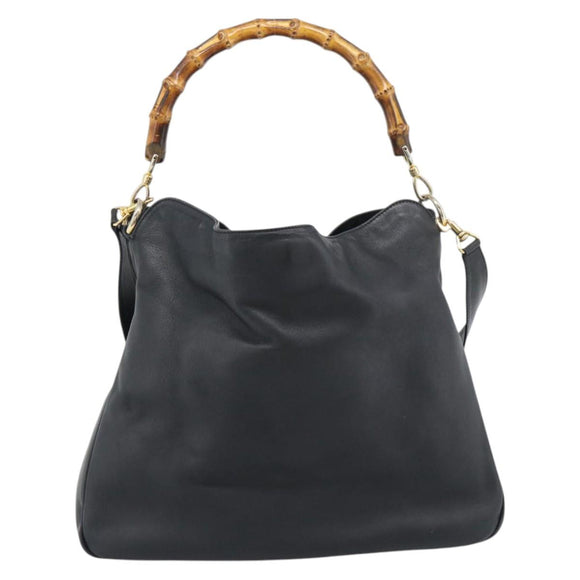 GUCCI Bamboo Hand Bag Leather 2way Black Gold 001 1638 1577 Auth 193791