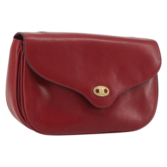 CELINE Chain Shoulder Bag Leather Red Gold Auth 193798