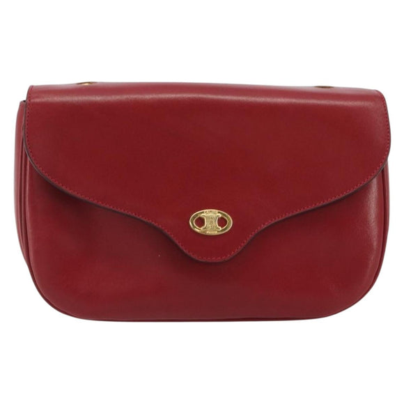 CELINE Chain Shoulder Bag Leather Red Gold Auth 193798