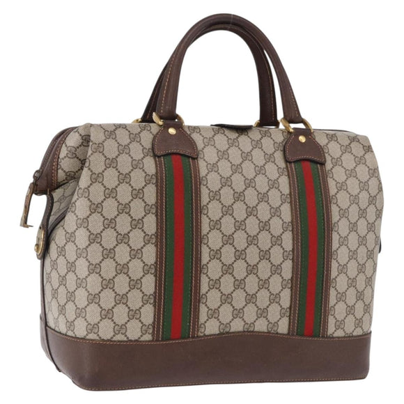 GUCCI GG Supreme Web Sherry Line Boston Bag PVC Beige Gold Auth 193806A