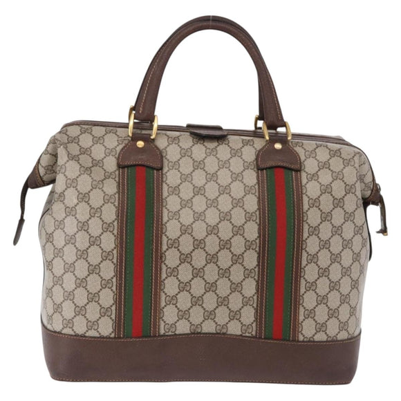 GUCCI GG Supreme Web Sherry Line Boston Bag PVC Beige Gold Auth 193806A