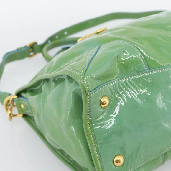 PRADA Hand Bag Patent Leather 2way Green Gold Auth 193855A