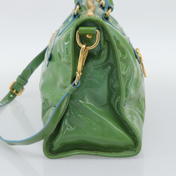 PRADA Hand Bag Patent Leather 2way Green Gold Auth 193855A