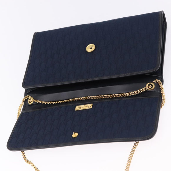 Christian Dior Trotter Canvas Chain Shoulder Bag Navy Gold Auth 193861